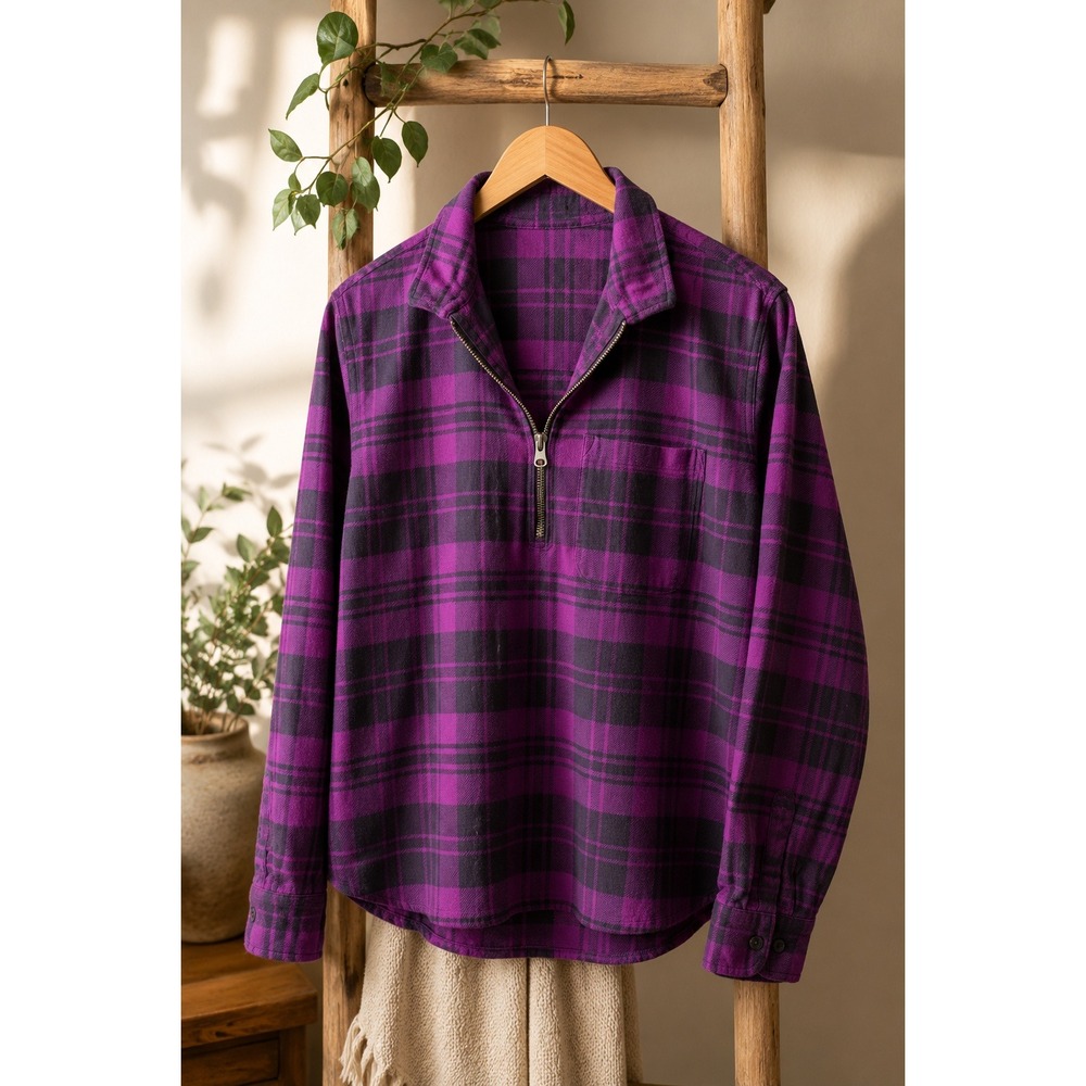 Eddie‎ Bauer Plaid Flannel Half Zip Pullover Shirt Cotton Clsssic Outdoor L